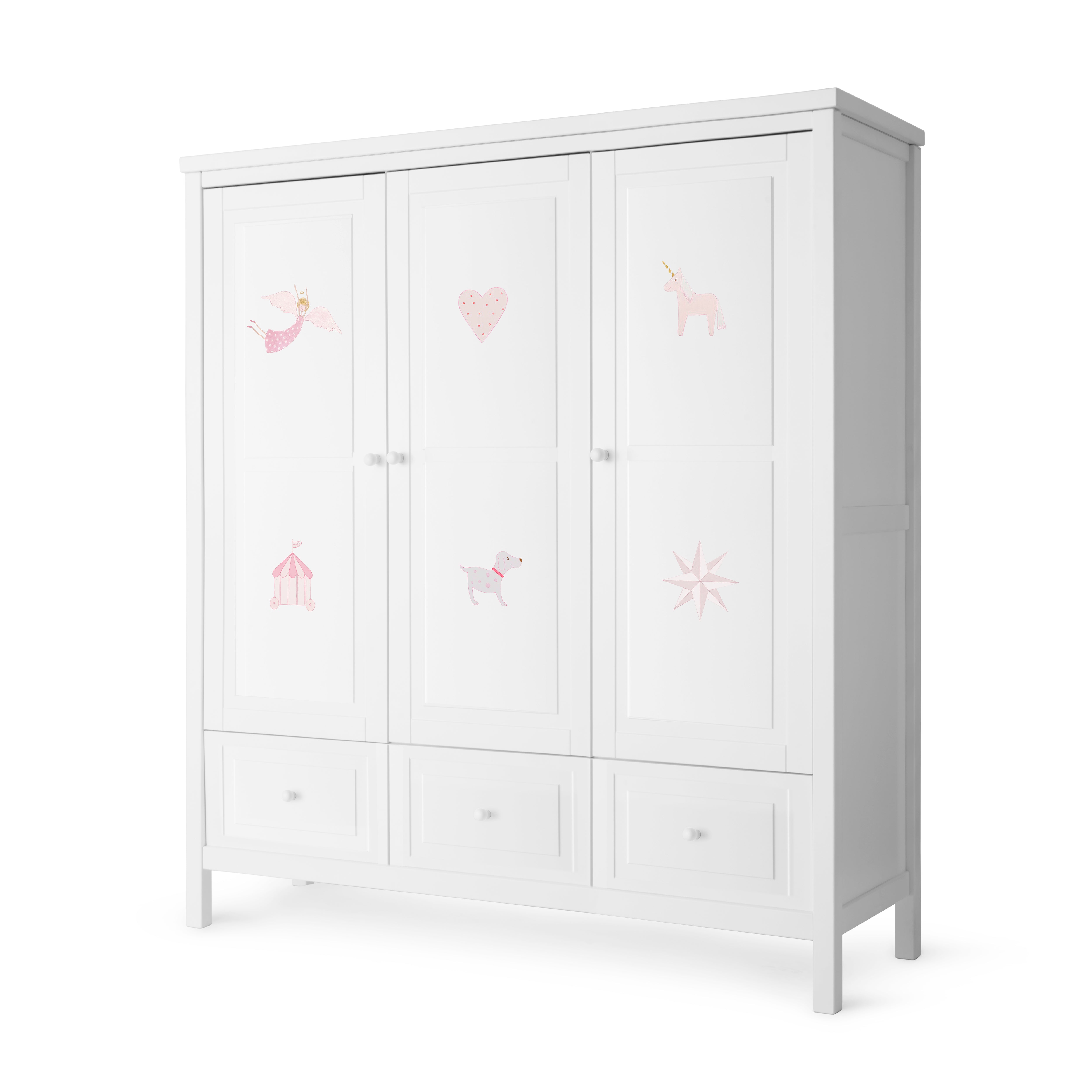 Kleiderschrank 3-türig Weiss-Handbemalt