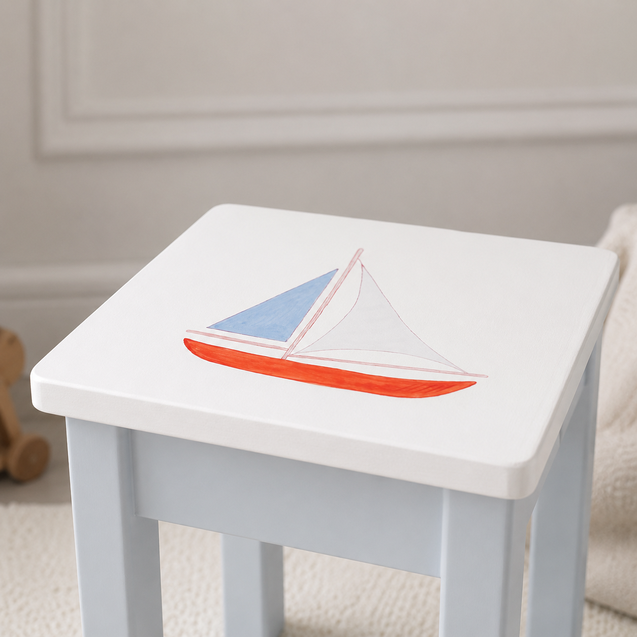Kinderhocker Hellblau-Handbemalt