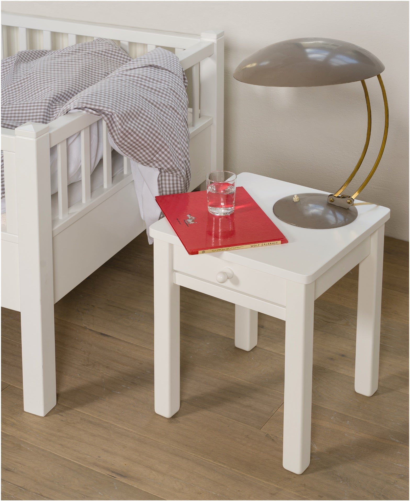 White bedside table with drawer